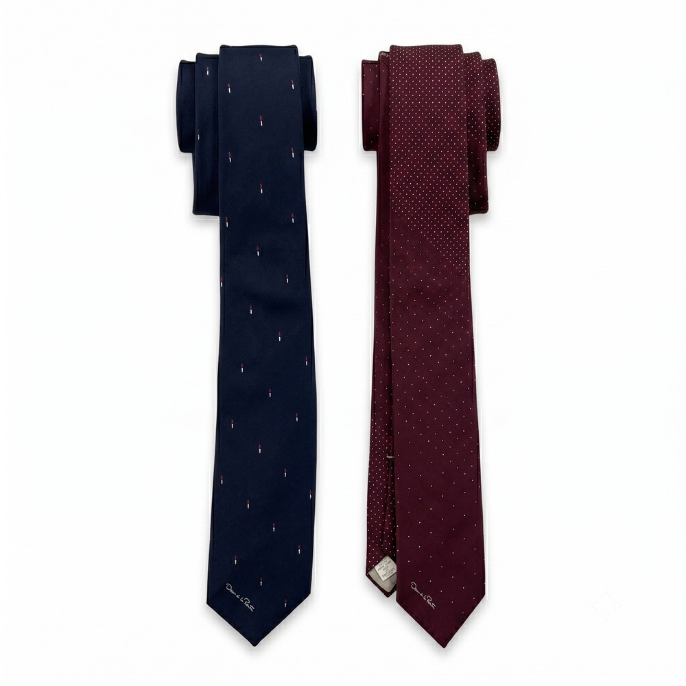 Vintage Oscar de la Renta Silk Blend Tie Lot 2 Navy Blue Burgundy Geometric Dot
